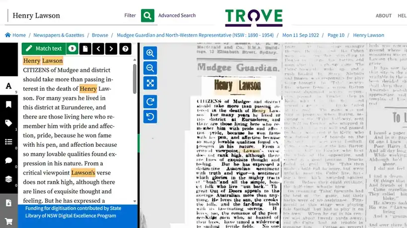 Trove article view of the Mudgee Guardian, 11 September 1922, page 10: a tribute to Henry Lawson with the corrected text beside the scanned newspaper page