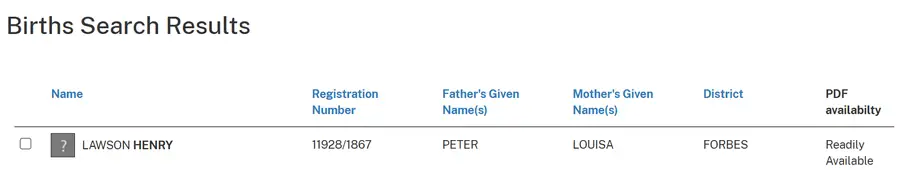 NSW BDM births search result: Lawson Henry, registration 11928/1867, father Peter, mother Louisa, district Forbes