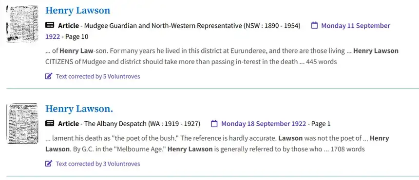 Trove Newspapers and Gazettes results for "Henry Lawson": a Mudgee Guardian article from 11 September 1922 and an Albany Despatch article from 18 September 1922