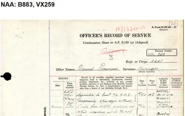 Page 52 of NAA B883 VX259: Officer's Record of Service continuation sheet for Ernest Edward Dunlop, with 'Missing' written in red at the top